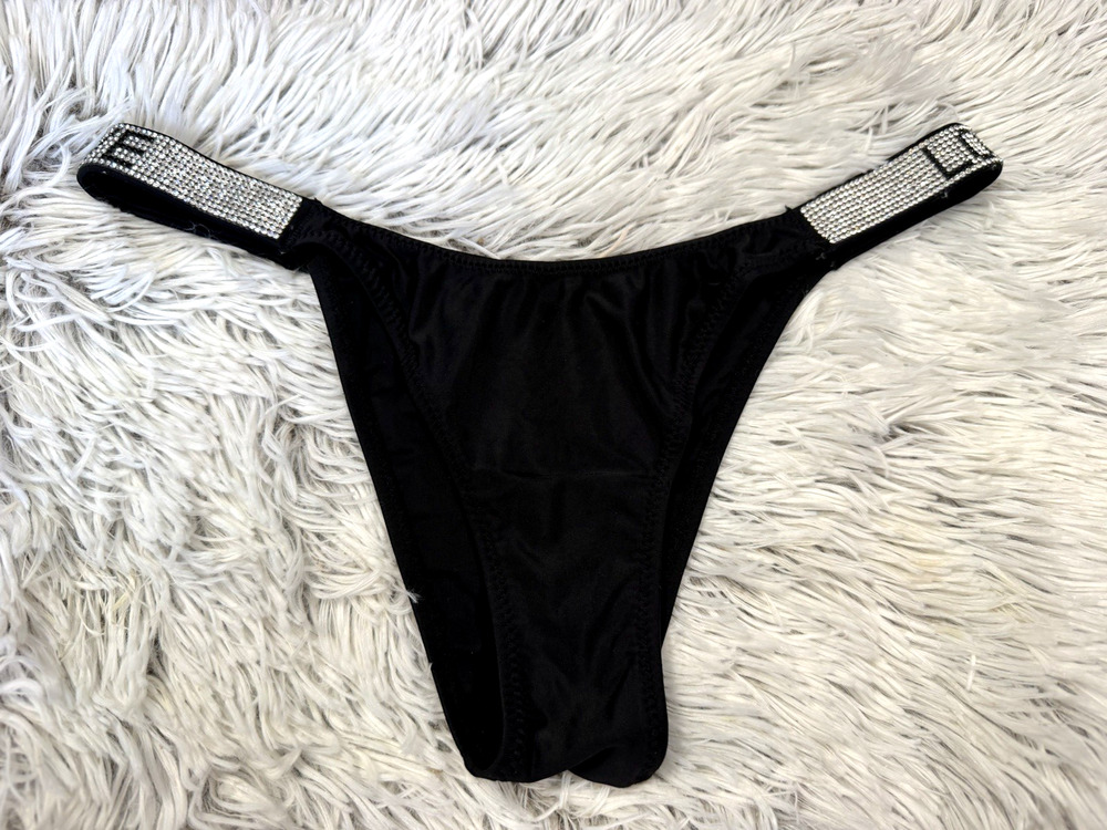 Women's Rhinestone Leg BRAZILIAN THONG Cheeky BLACK love PANTY Bikini M Shiny